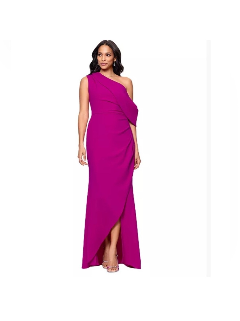 Betsy & Adam One-Shoulder Fuchsia Evening Gown